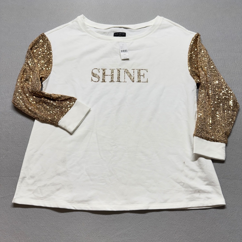 Lane Bryant Shine Graphic Top Gold Sequin Long Sleeve White Plus Size 14/16 NWT